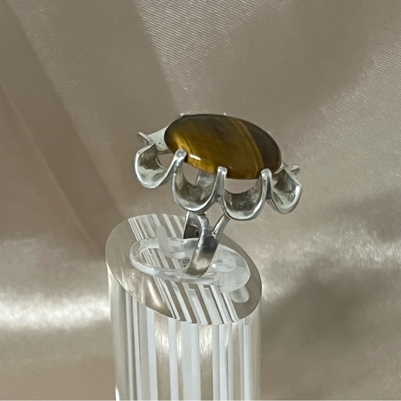 Vintage Sterling Silver Ribbon Ruffle Edge Tiger's Eye Ring 925 Size 5.5 Unique - Picture 14 of 16